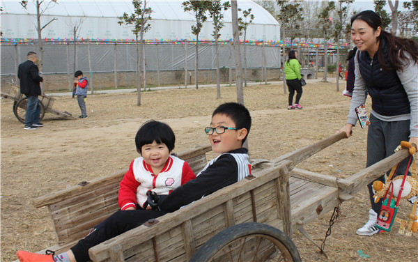 體驗(yàn)坐架子車的孩子們